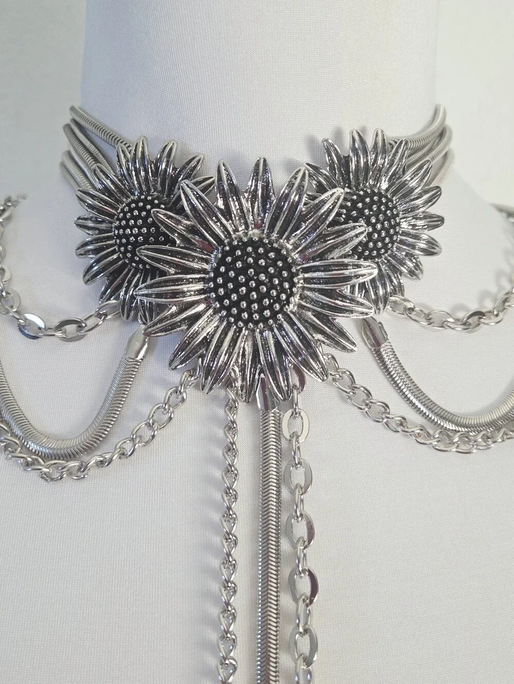 Silver Floral Statement Lariat Necklace - Picture 5 of 7